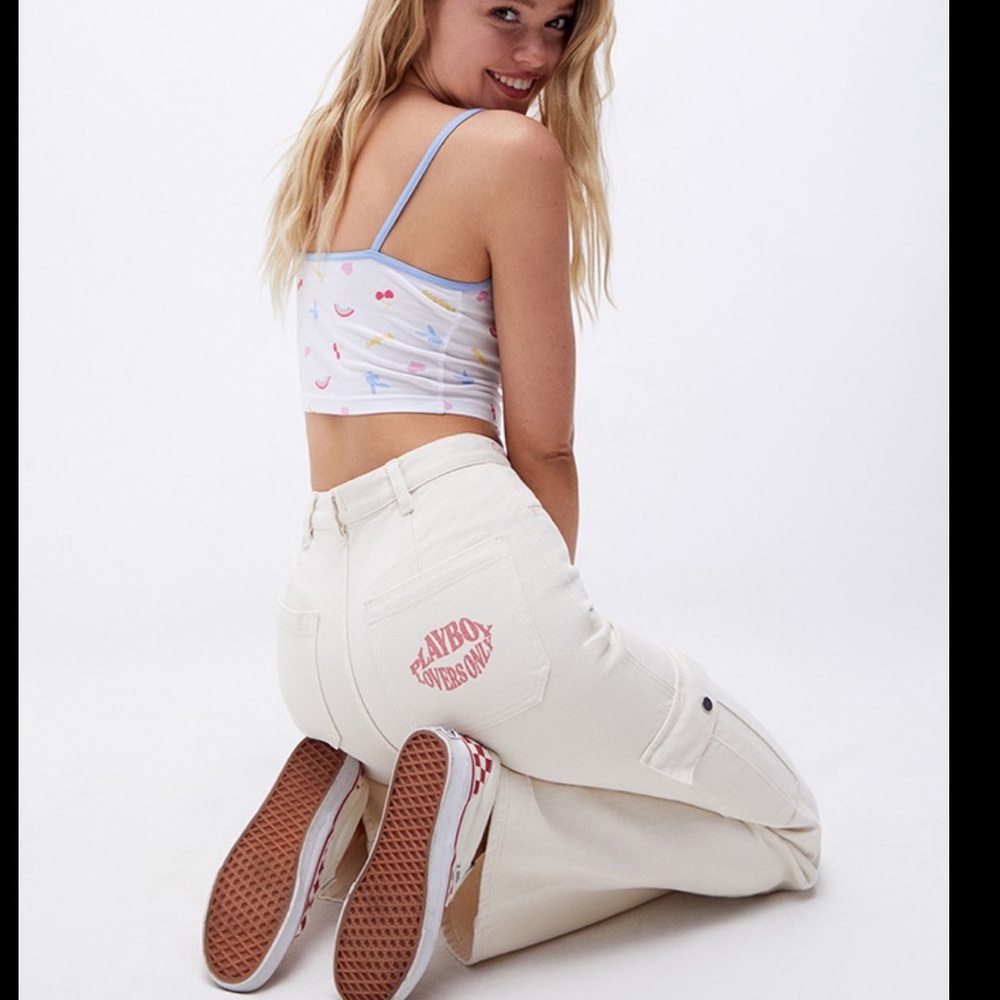 Playboy By PacSun Off White Ultra High Waisted Fitted Flare Pants